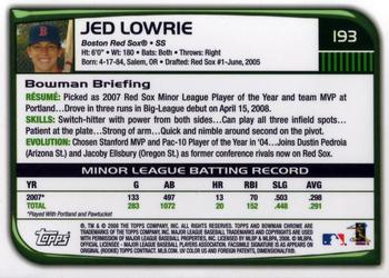2008 Bowman Chrome #193 Jed Lowrie Back