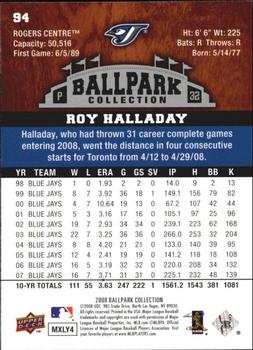 2008 Upper Deck Ballpark Collection #94 Roy Halladay Back