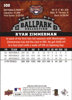 2008 Upper Deck Ballpark Collection #100 Ryan Zimmerman Back