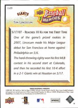 2008 Upper Deck Baseball Heroes #149 Tim Lincecum Back