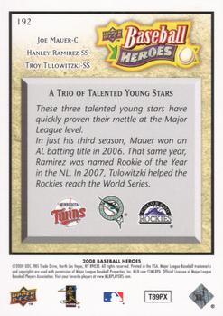 2008 Upper Deck Baseball Heroes #192 Joe Mauer / Hanley Ramirez / Troy Tulowitzki Back
