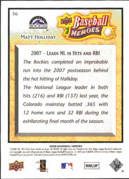 2008 Upper Deck Baseball Heroes #56 Matt Holliday Back
