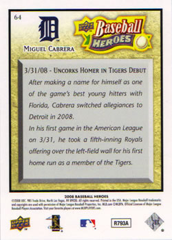 2008 Upper Deck Baseball Heroes #64 Miguel Cabrera Back