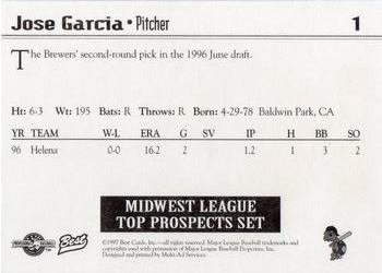 1997 Best Midwest League Top Prospects #1 Jose Garcia Back