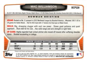 2013 Bowman Chrome - Prospects #BCP220 Mac Williamson Back