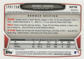 2013 Bowman Chrome - Prospects Blue Refractors #BCP150 Henry Owens Back