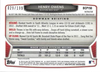 2013 Bowman Chrome - Prospects Purple Refractors #BCP150 Henry Owens Back