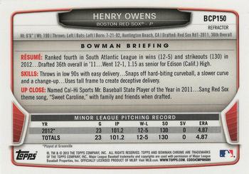 2013 Bowman Chrome - Prospects Refractors #BCP150 Henry Owens Back