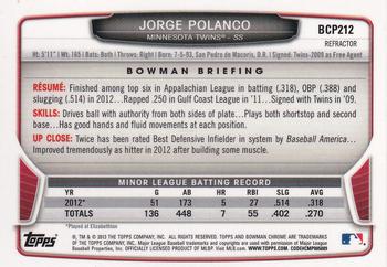 2013 Bowman Chrome - Prospects Refractors #BCP212 Jorge Polanco Back