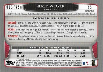 2013 Bowman Chrome - Blue Refractors #63 Jered Weaver Back