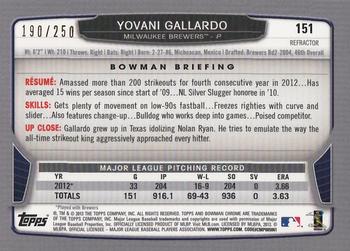 2013 Bowman Chrome - Blue Refractors #151 Yovani Gallardo Back