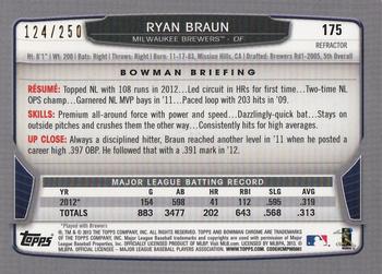 2013 Bowman Chrome - Blue Refractors #175 Ryan Braun Back