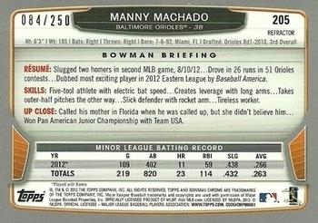 2013 Bowman Chrome - Blue Refractors #205 Manny Machado Back