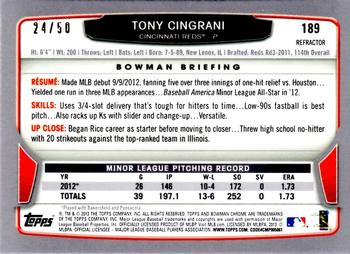 2013 Bowman Chrome - Gold Refractors #189 Tony Cingrani Back