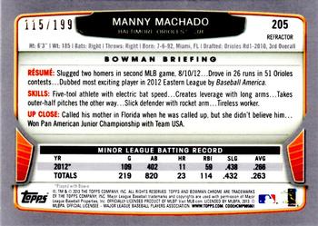2013 Bowman Chrome - Purple Refractors #205 Manny Machado Back