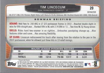 2013 Bowman Chrome - Refractors #20 Tim Lincecum Back