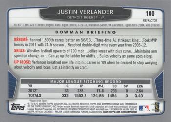 2013 Bowman Chrome - Refractors #100 Justin Verlander Back