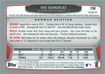 2013 Bowman Chrome - Refractors #198 Gio Gonzalez Back