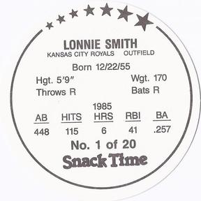 1986 Kitty Clover Kansas City Royals Discs #1 Lonnie Smith Back
