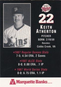 1997 Marquette Bank Minnesota Twins 1987 10th Anniversary #NNO Keith Atherton Back