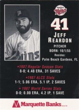 1997 Marquette Bank Minnesota Twins 1987 10th Anniversary #NNO Jeff Reardon Back
