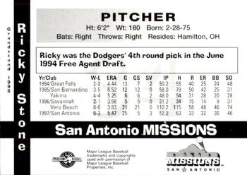 1998 Grandstand San Antonio Missions #6 Ricky Stone Back