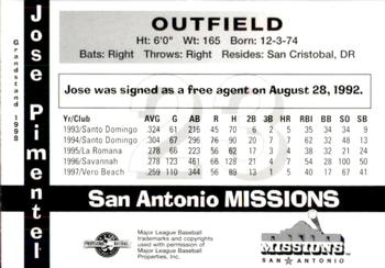 1998 Grandstand San Antonio Missions #10 Jose Pimentel Back