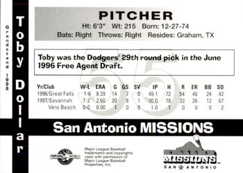 1998 Grandstand San Antonio Missions #22 Toby Dollar Back