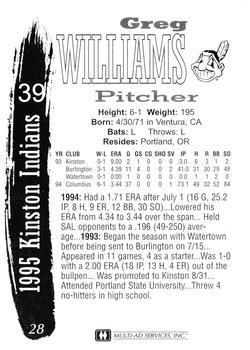 1995 Multi-Ad Kinston Indians #28 Greg Williams Back