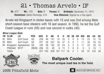 1995 Multi-Ad Pittsfield Mets #NNO Tom Arvelo Back