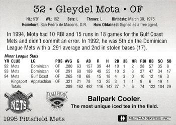 1995 Multi-Ad Pittsfield Mets #NNO Gleydel Mota Back