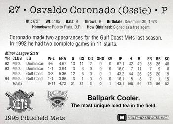 1995 Multi-Ad Pittsfield Mets #NNO Osvaldo Coronado Back