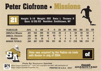 2007 Grandstand San Antonio Missions #NNO Peter Ciofrone Back