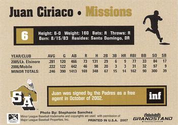 2007 Grandstand San Antonio Missions #NNO Juan Ciriaco Back