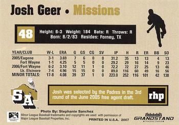 2007 Grandstand San Antonio Missions #NNO Josh Geer Back