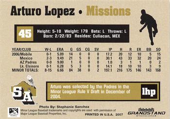 2007 Grandstand San Antonio Missions #NNO Arturo Lopez Back