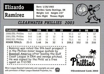 2003 Grandstand Clearwater Phillies #NNO Elizardo Ramirez Back