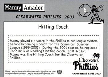 2003 Grandstand Clearwater Phillies #NNO Manny Amador Back