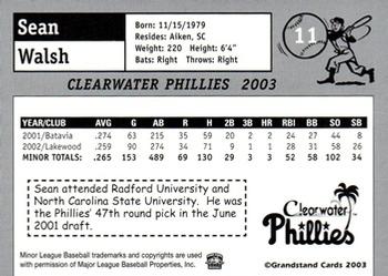2003 Grandstand Clearwater Phillies #NNO Sean Walsh Back
