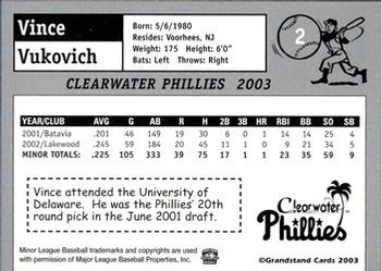 2003 Grandstand Clearwater Phillies #NNO Vince Vukovich Back