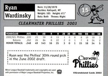 2003 Grandstand Clearwater Phillies #NNO Ryan Wardinsky Back