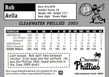 2003 Grandstand Clearwater Phillies #NNO Rob Avila Back
