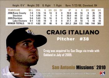 2010 Grandstand San Antonio Missions #NNO Craig Italiano Back