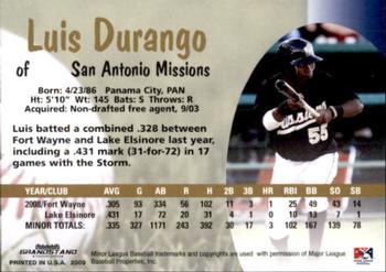 2009 Grandstand San Antonio Missions #NNO Luis Durango Back