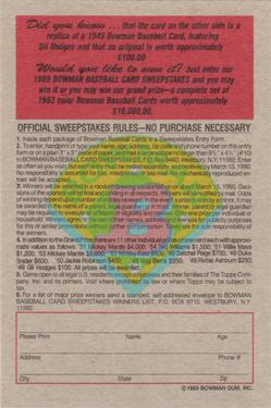 1989 Bowman - Reprint Sweepstakes #NNO Gil Hodges Back