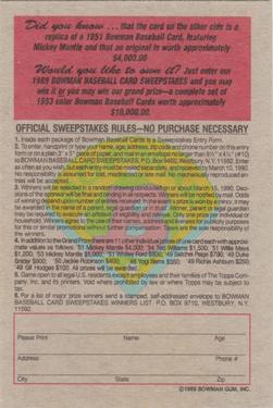 1989 Bowman - Reprint Sweepstakes #NNO Mickey Mantle (1951) Back