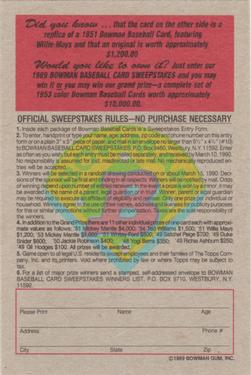 1989 Bowman - Reprint Sweepstakes #NNO Willie Mays Back