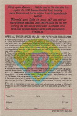 1989 Bowman - Reprint Sweepstakes #NNO Jackie Robinson Back