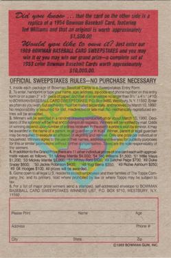 1989 Bowman - Reprint Sweepstakes #NNO Ted Williams Back