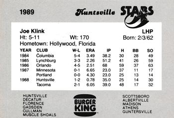1989 Burger King Huntsville Stars #NNO Joe Klink Back